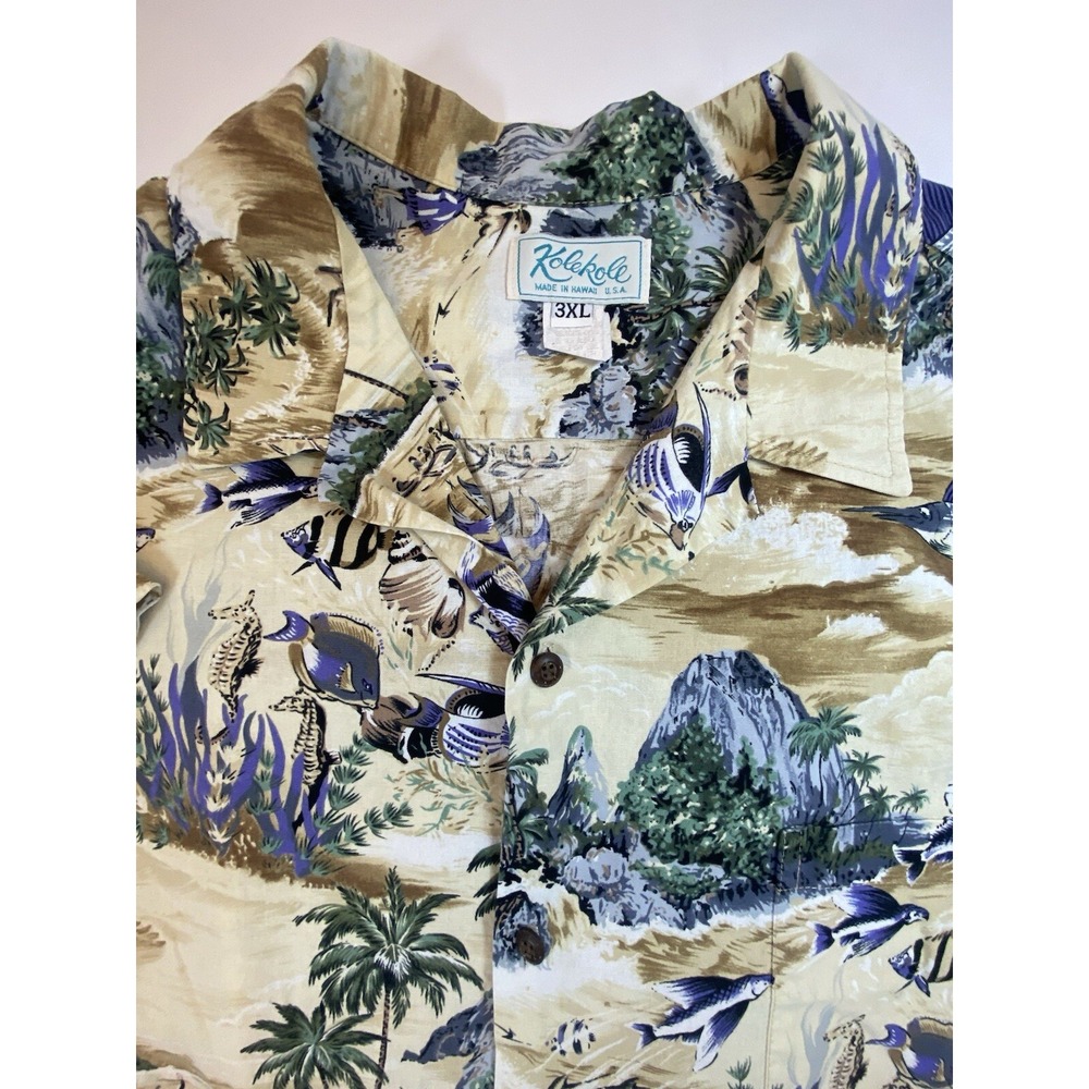 Kolekole Hawaiian Tropical Camp Shirt 3XL Cotton Fish Sailfish USA VTG Short Slv